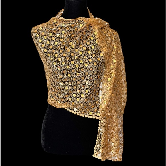Sequin Open Weave Scarf Evening Shawl Gold Silver - Picture 4 of 15